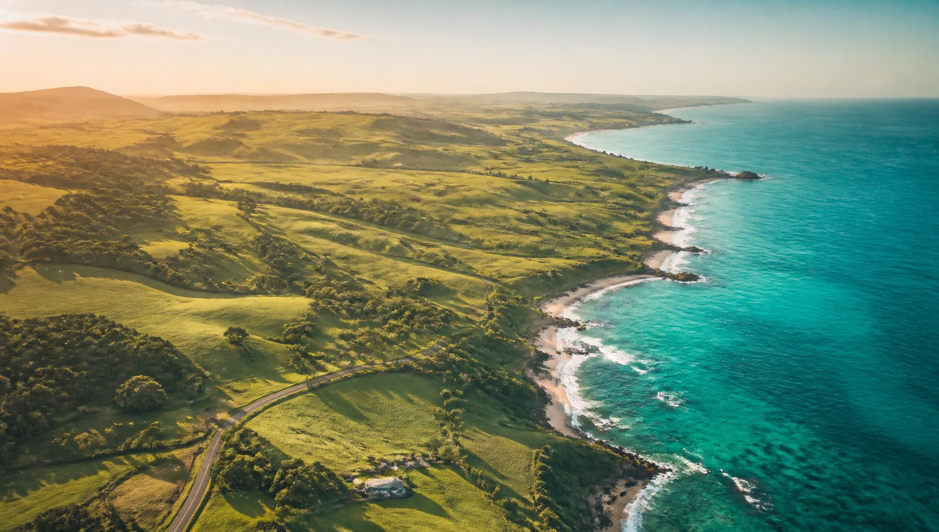 Aerial view of green Australian farmland meeting the turquoise coastline